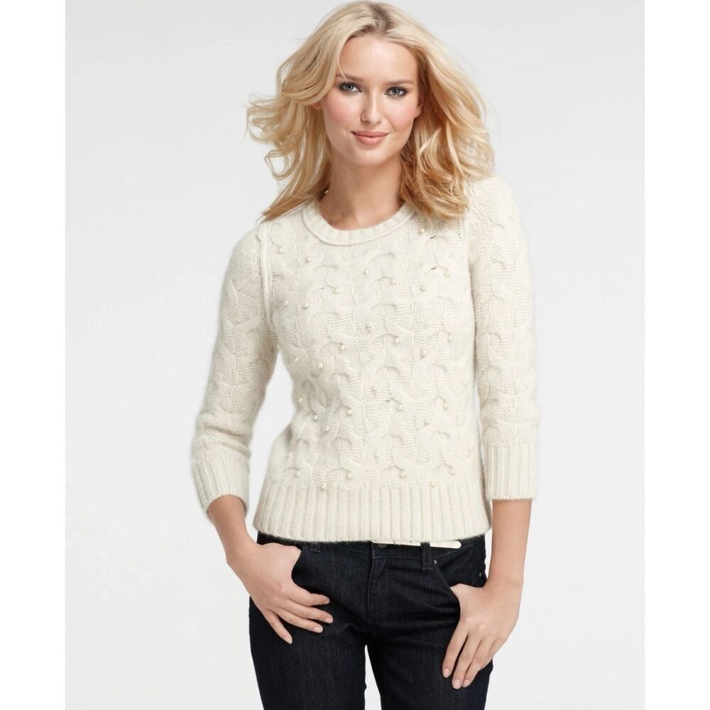 Ann‎ Taylor Wool Angora Sweater Thick Cable Knit Ivory Pearl Rabbit Hair Size XL